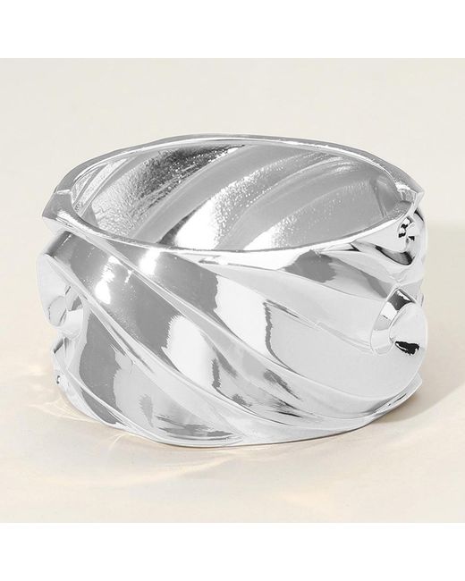Fashnzfab Metallic Textured Metal Wide Hinged Bangle Bracelet Rhodium