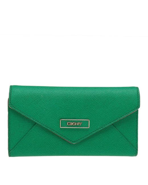 DKNY Green/pink Leather Long Trifold Wallet