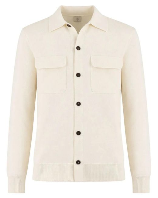 Eleventy Natural Knitted Cream Button-Up Flap Pocket Shirt for men