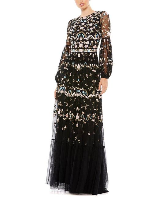 Mac Duggal Black Embroidered High Neck Illusion Sleeve Tiered Gown