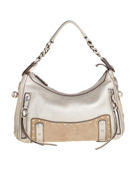 Versace Gray /beige Leather And Suede Studded Hobo