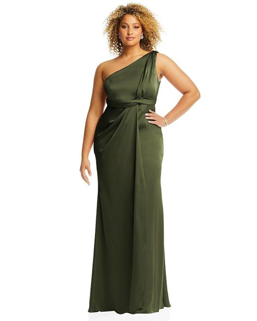 Dessy Collection Green One-shoulder Draped Twist Empire Waist Trumpet Gown