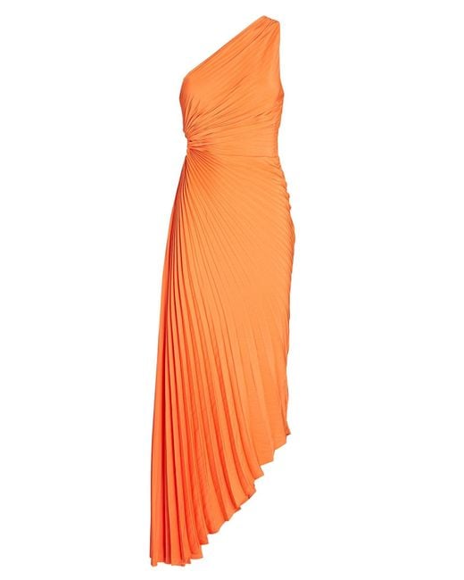 A.L.C. Orange Delfina One-shoulder Plissé Maxi Dress
