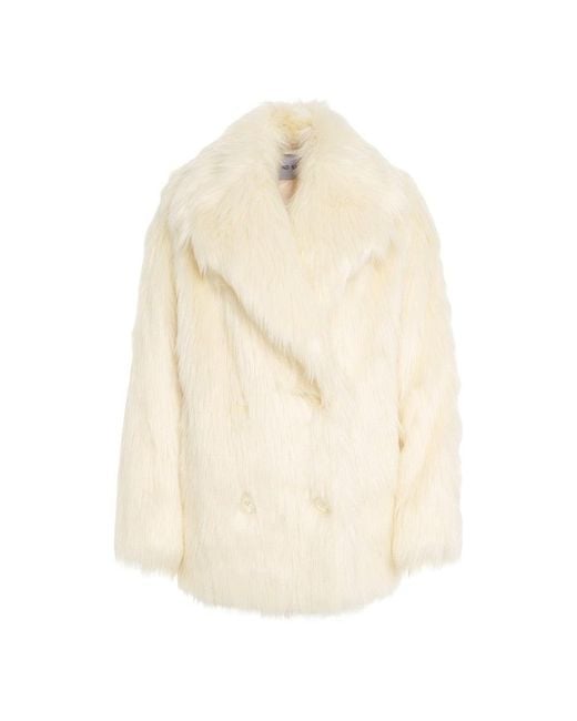 Stand Studio White Double-Breasted Plush Faux Fur Jacket With Wide Collar