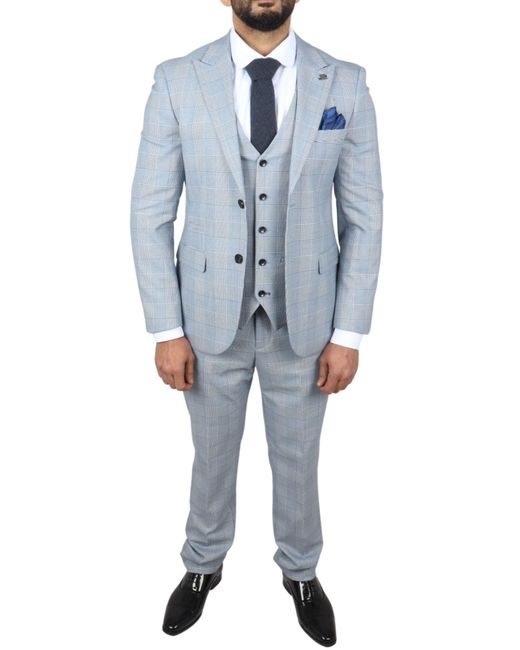 Paul Andrew Blue Mark 3 Piece Tweed Check Suit for men