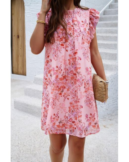 TRUEDAMES Pink Floral Print Elegant Sleeveless Ruffle A Line Dress