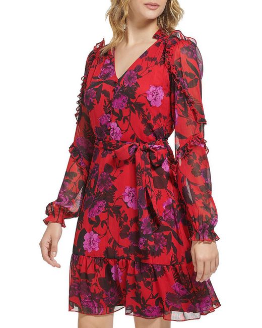 Karl Lagerfeld Red Chiffon Floral Fit & Flare Dress