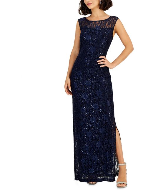 Connected Apparel Blue Lace Sequined Evening Dress