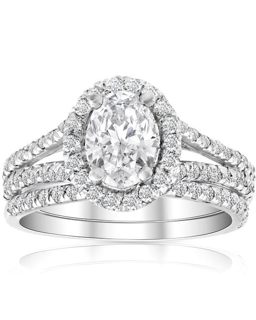 Pompeii3 Metallic 1.75ct Diamond & Oval Moissanite Engagement Wedding Ring Set 14k White Gold