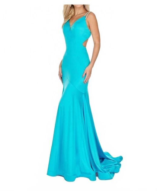 Rachel Allan Blue Strappy Open Back Shimmer Jersey Gown With Cutouts
