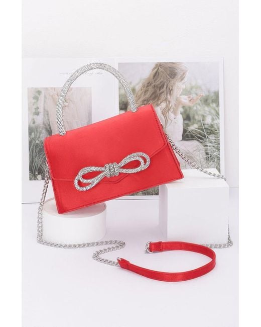 Fashnzfab Red Rhinestone Ribbon Handle Flap Bag