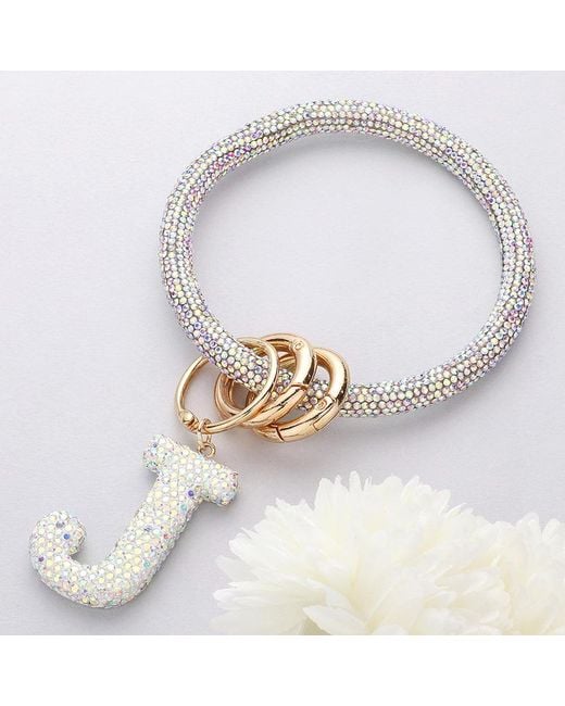 Fashnzfab White J- Bling Studded Initial Monogram Charm Bracelet Keychain Ab