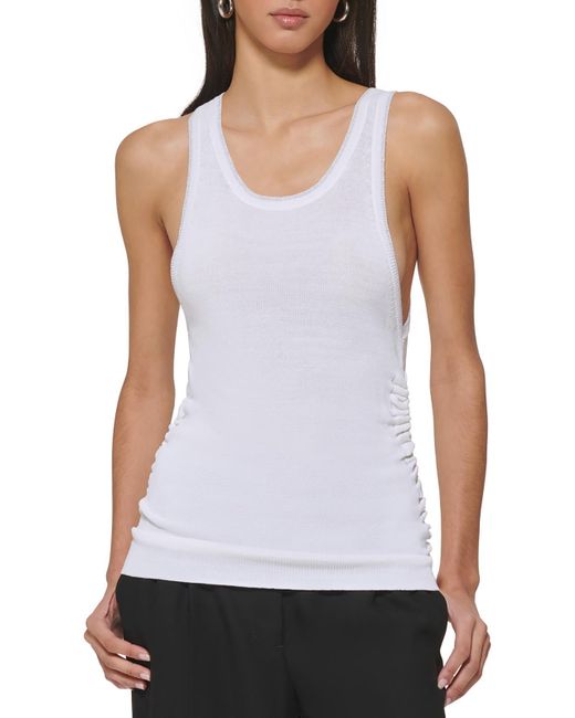 DKNY White Ribbed Scoop Neck Pullover Top