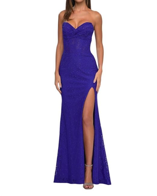 La Femme Purple Stretch Lace Illusion Waist Prom Dress