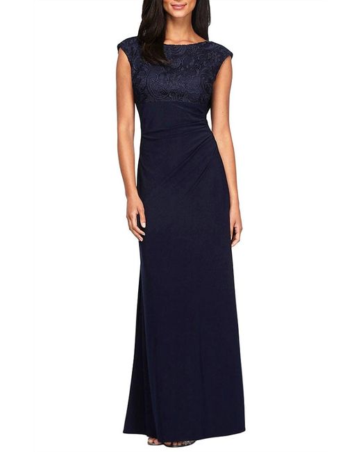 Alex Evenings Blue Long Empire Waist Lace And Jersey Gown