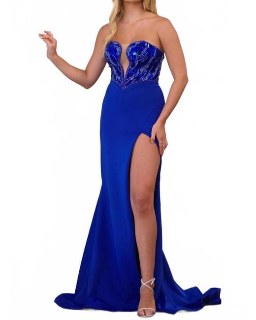 Ava Presley Blue Strapless Gown With High Slit