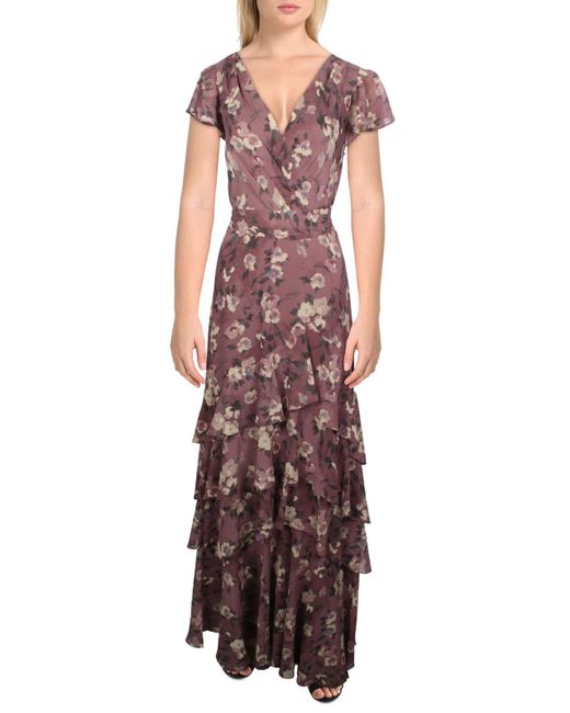 Lauren by Ralph Lauren Purple Chiffon Tiered Evening Dress