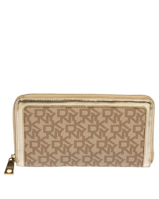 DKNY Natural Beige Signature Coated Canvas And Leather Zip Around Wallet