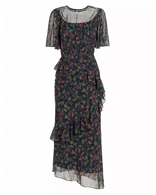 Saloni Black Ruffled Silk Georgette Midi-dress