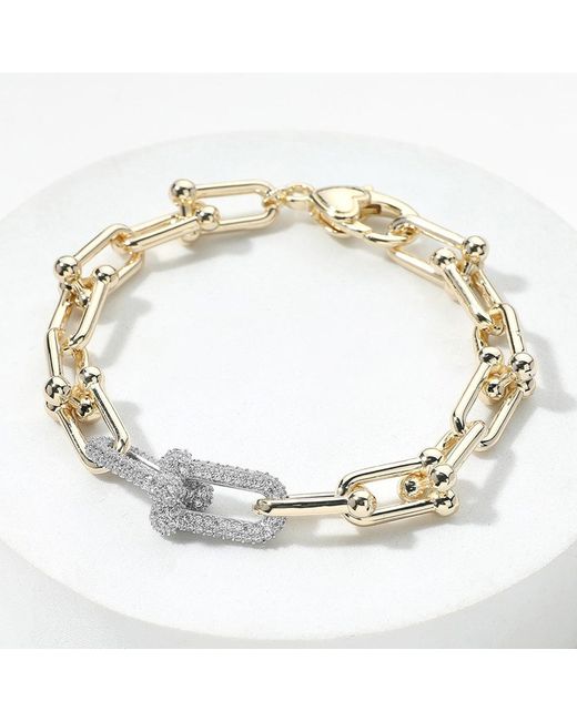 Fashnzfab Metallic 14K Plated Cz Stone Paved Hardware Chain Link Bracelet