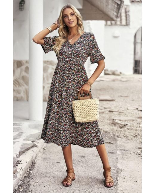 TRUEDAMES Black Fashnzfab Boho Floral Ruffle Hem V Neck Short Sleeve Dress