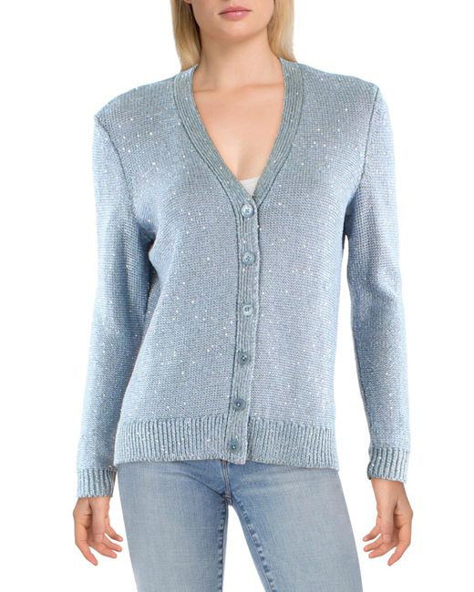 Lauren by Ralph Lauren Blue Linen Blend Shimmer Cardigan Sweater