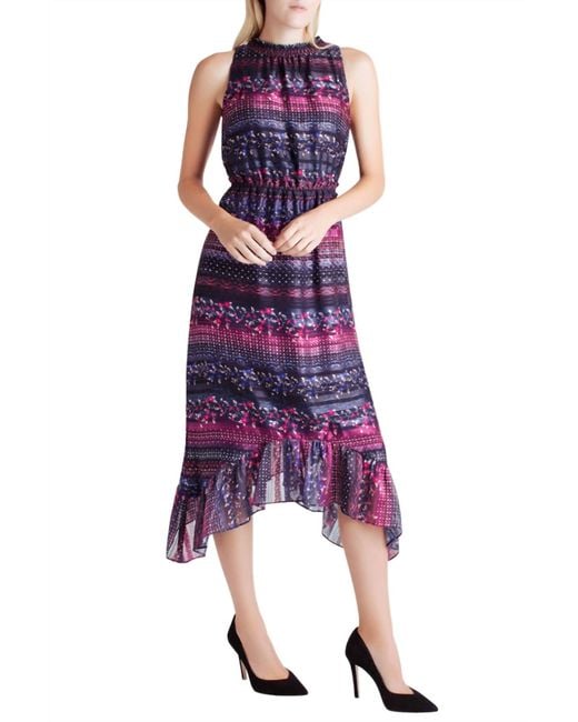 Kensie Women's Purple Satin Stripe Ruffle Hem Sleeveless Midi Dress