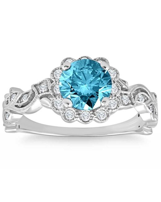 Pompeii3 1 3/4ct Tw Blue Diamond Vintage Halo Engagement Ring 14k Gold Antique Vine