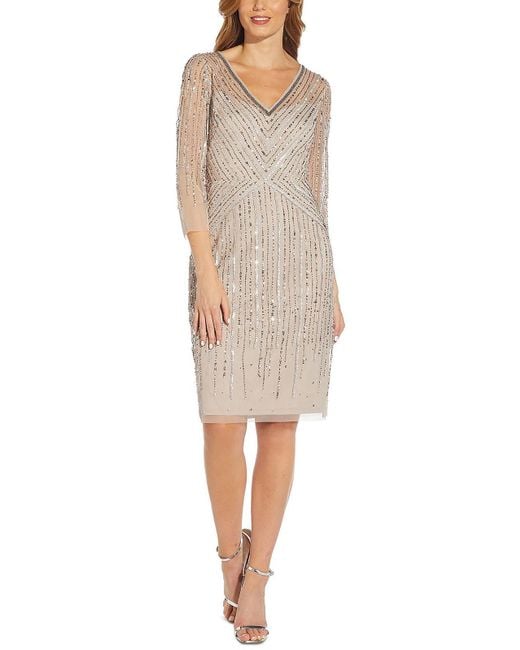 Adrianna Papell Natural Mesh Embellished Cocktail And Party Dress