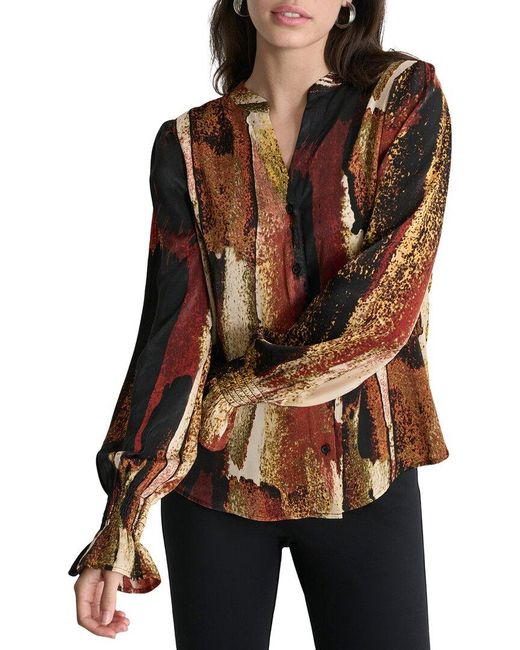 DKNY Black Print Split Neck Top