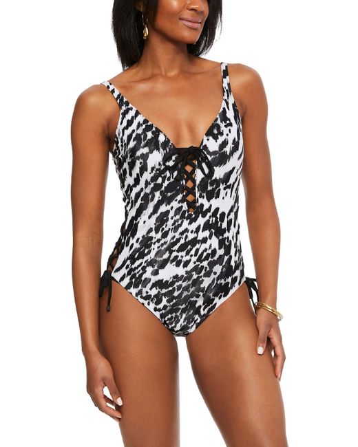 BarIII Black Printed Lace-up One-piece Swimsuit