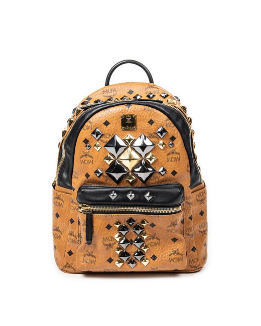 MCM Brown Small Stark Front Studded Backpack