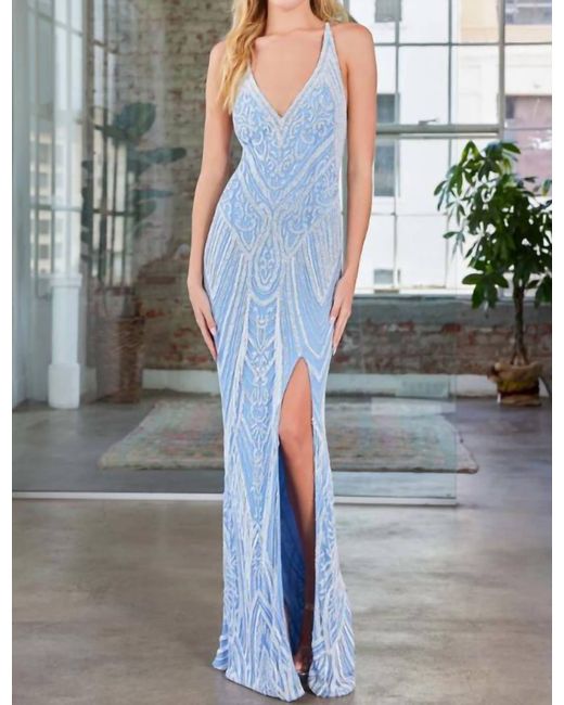 Scala Gray Sequin Pattern Gown With Slit