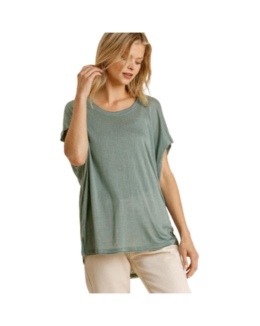 TRUEDAMES Green Short Sheer Dolman Sleeve Scoop Neck Top With Side Slit