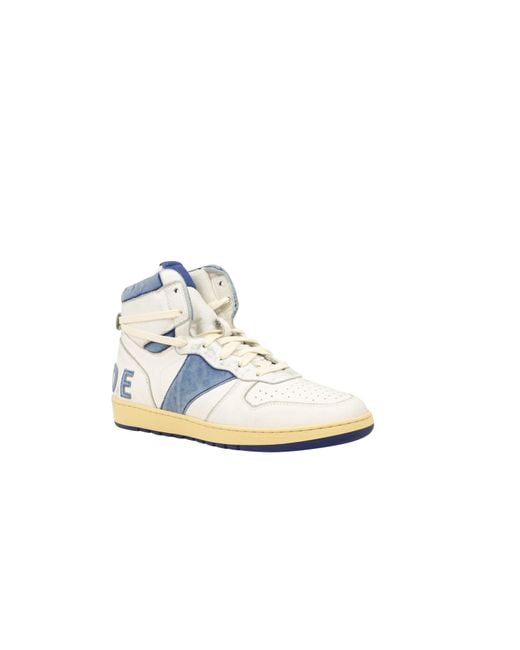 Rhude White And Royal Blue Leather Rhecess High Top Sneakers for men