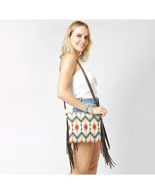 Fashnzfab White Aztec Print Tassel Wristlet Clutch Crossbody Bag