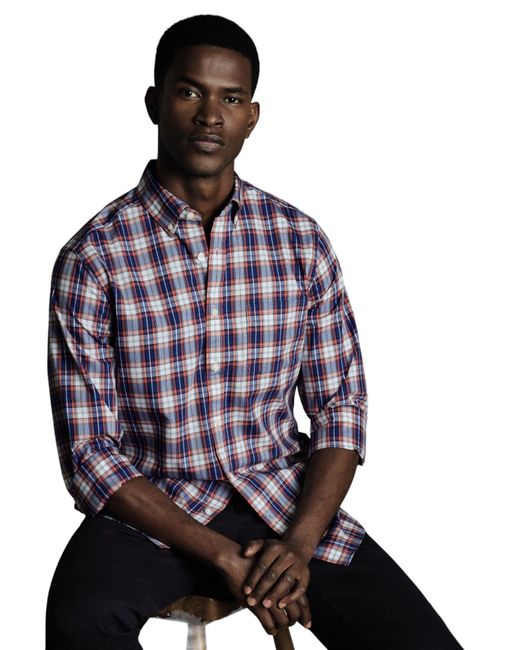Charles Tyrwhitt Purple Slim Fit Button-Down Collar Non-Iron Stretch Poplin Check Shirt for men