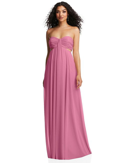 Dessy Collection Purple Strapless Empire Waist Cutout Maxi Dress With Covered Button Detail