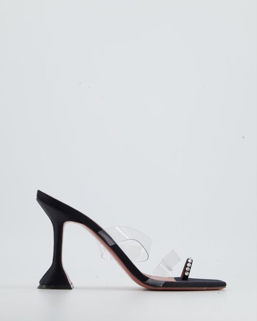 AMINA MUADDI Black Satin Heels With Perspex Strap And Crystal Detail