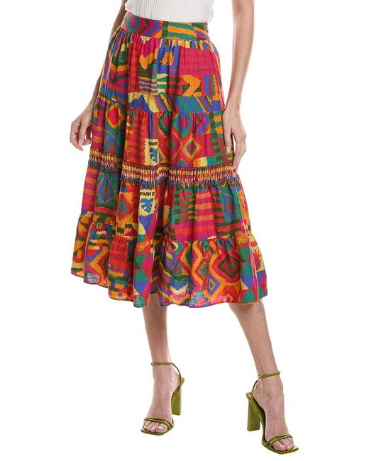 Farm Rio Red Summer Patches Linen-blend Midi Skirt
