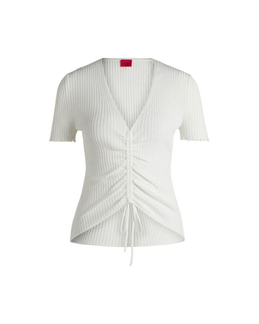 HUGO Gray V-Neck Top With Gathered Front