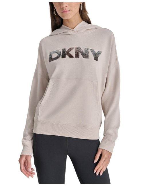 DKNY Gray Drop Shoulder Hoodie Logo Long Sleeve Pullover Fts651