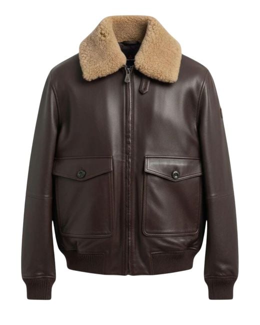 Peuterey Gray Leather Jacket With Shearling Collar And Ribbed Details for men