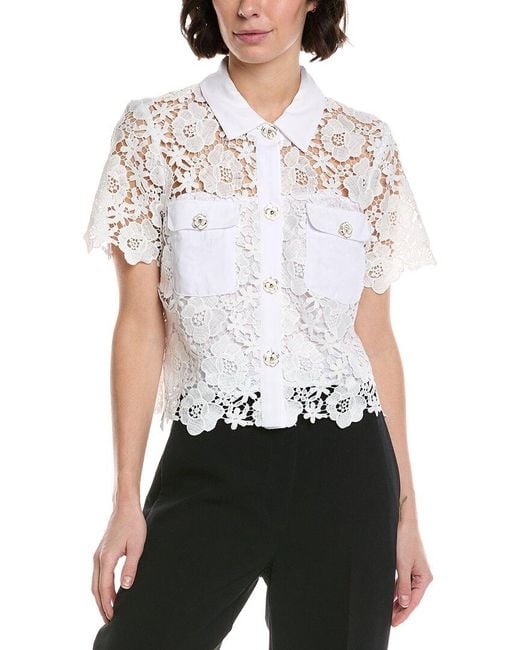Cece White Patch Pocket Button-Down Lace Top