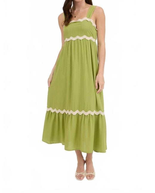 Blu Pepper Green Trim And Ruffled Bottom Midi Dress