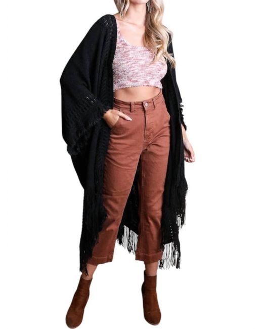 Leto Black Open Work Frayed Border Bohemian Ruana Wrap Shawl