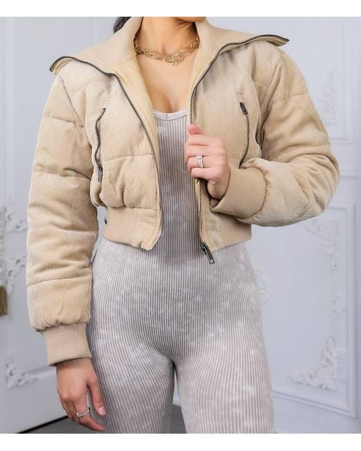 SurelyMine Brown Keep Up With Me Crop Corduroy Full Zipper Puffer Jacket