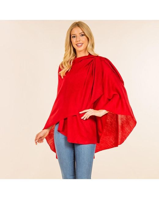 TRUEDAMES Red Elegant Solid Drape Wrap Poncho