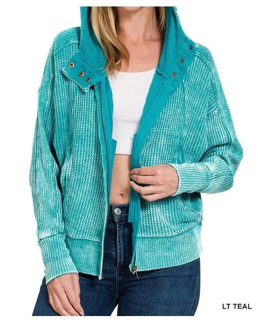 Zenana Blue Stella Acid Wash Zip Up Jacket