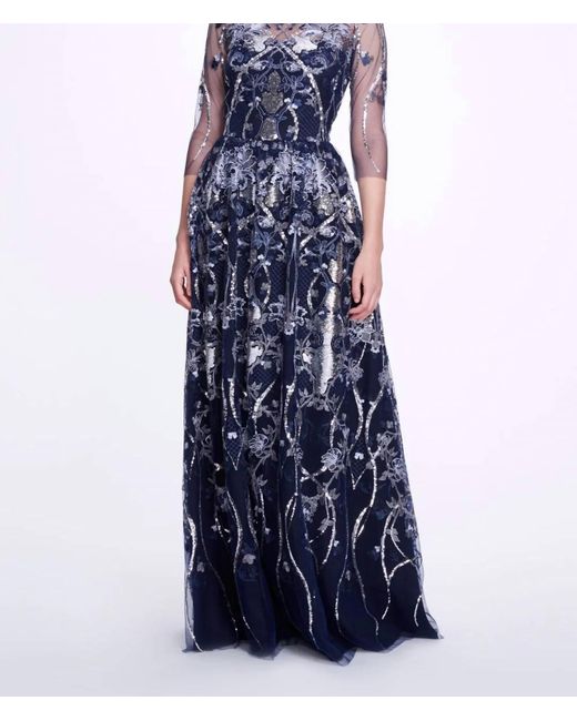 Marchesa Blue Embroidered-tulle Boatneck Gown